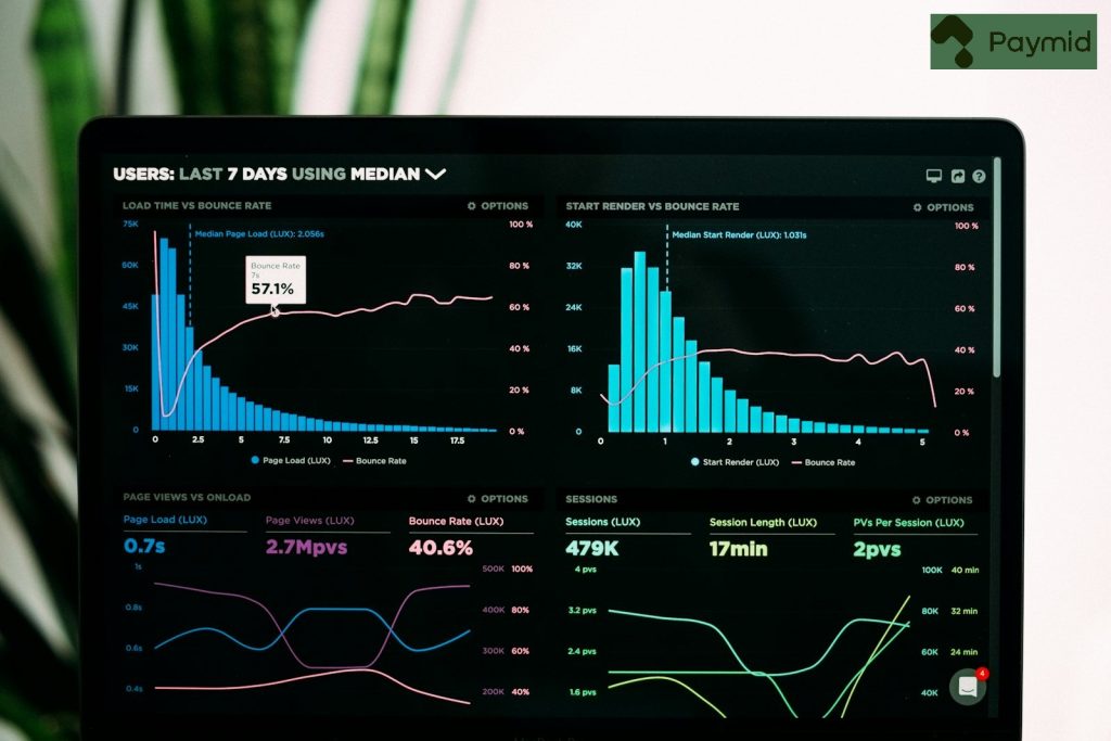 Payment analytics dashboard showing data visualization and transaction metrics